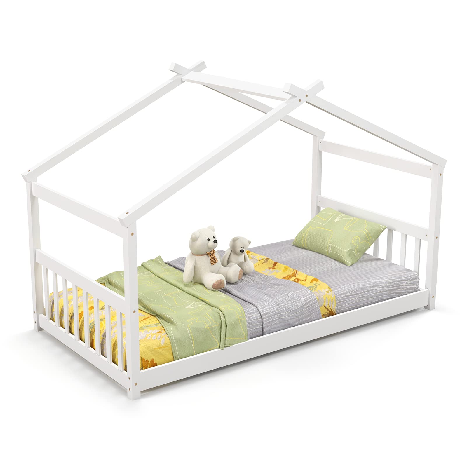 Giantex House Bed Twin, Solid Wood Kids House Bed with Roof