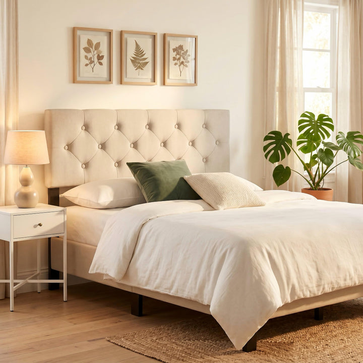 Giantex Queen/Full Size Button Tufted Linen Fabric Head Board with Wood Support Legs