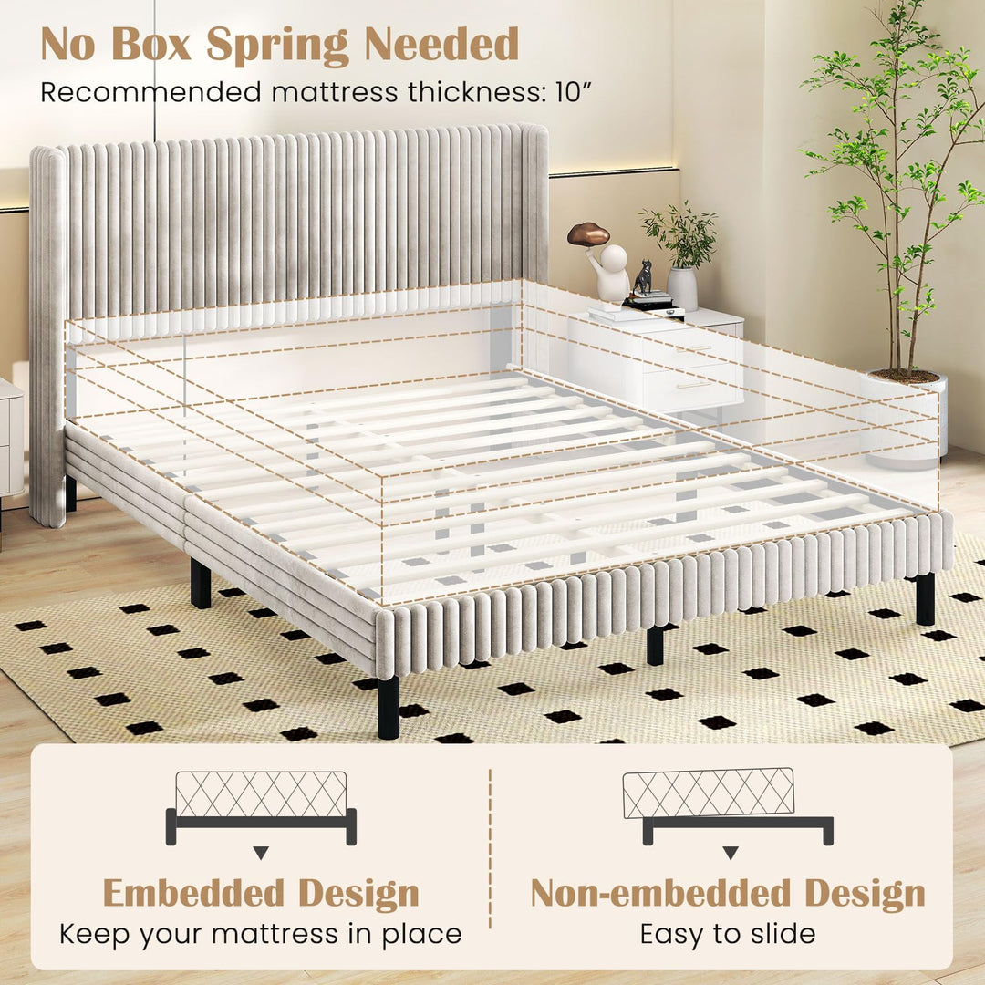 Giantex Queen Velvet Bed Frame Upholstered Platform Bed with Vertical Tufted Wingback Headboard