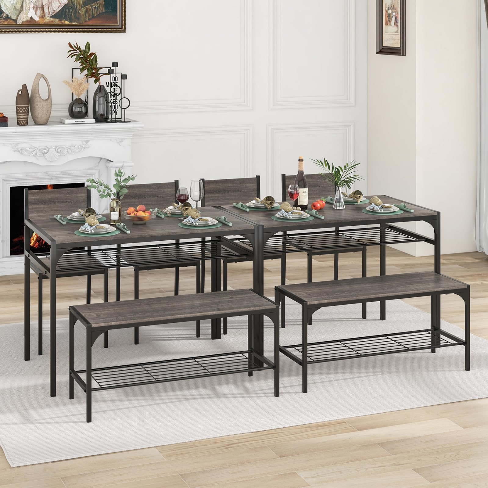 Giantex Dining Table Set for 4, Kitchen Table with Chairs & Bench, Storage Racks
