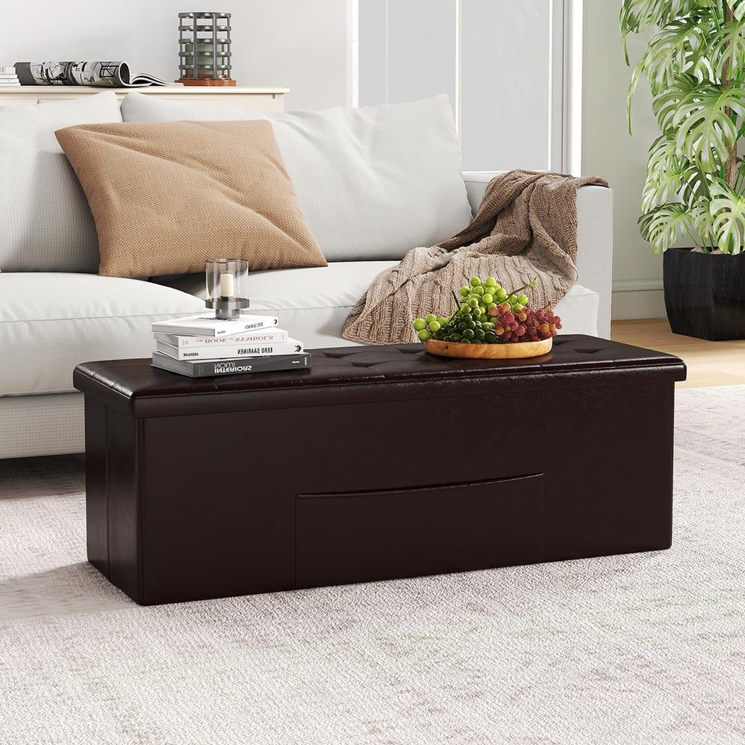 Giantex 43 Inches Folding Storage Ottoman Bench Upholstered PU Leather Storage Chest with Side Pocket