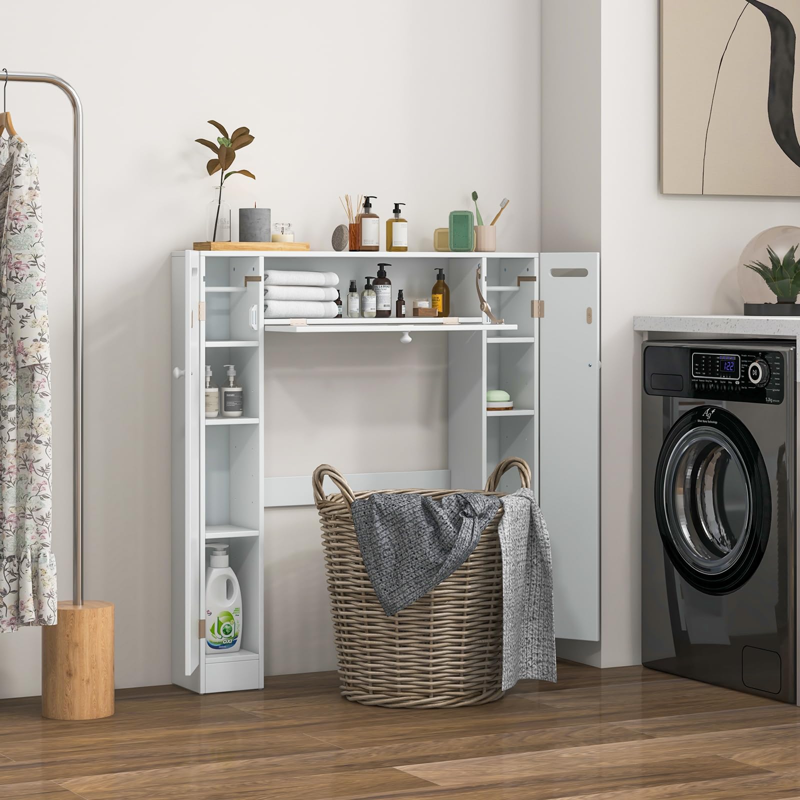 Over-The-Toilet Rack Bathroom Shelf Storage Cabinet Wooden Drop Door Freestanding Spacesaver Improvements, White