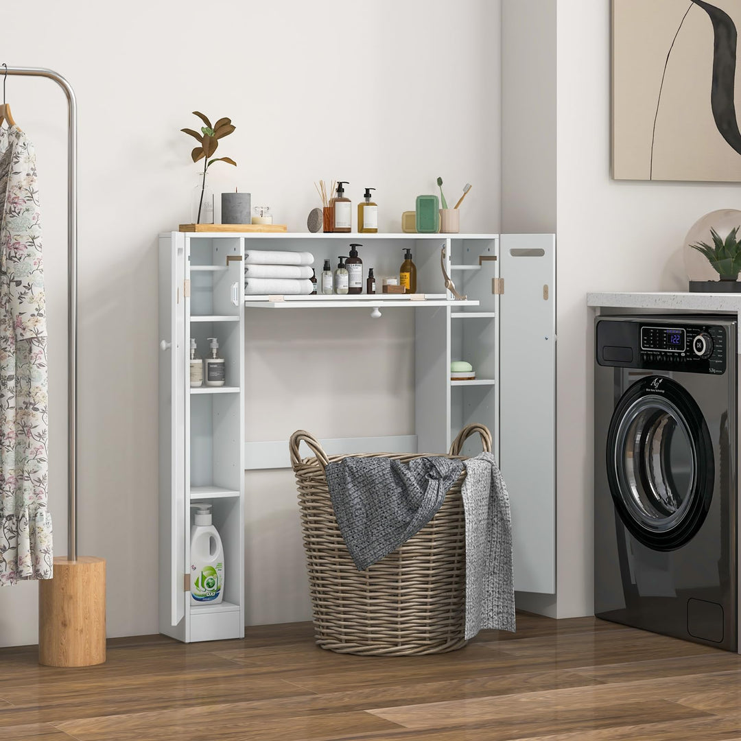 Over-The-Toilet Rack Bathroom Shelf Storage Cabinet Wooden Drop Door Freestanding Spacesaver Improvements, White