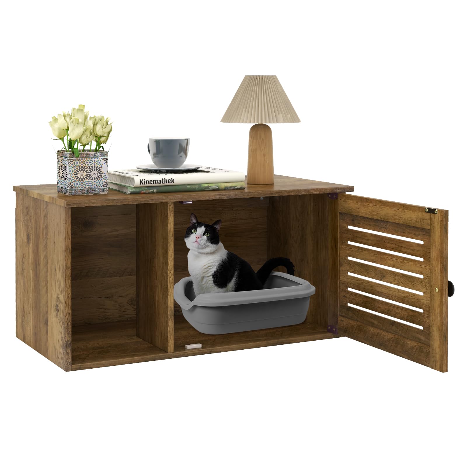 Giantex Cat Litter Box Enclosure - Litter Box Hidden Furniture with Louvered Door, Front Entry, Storage Cabinet