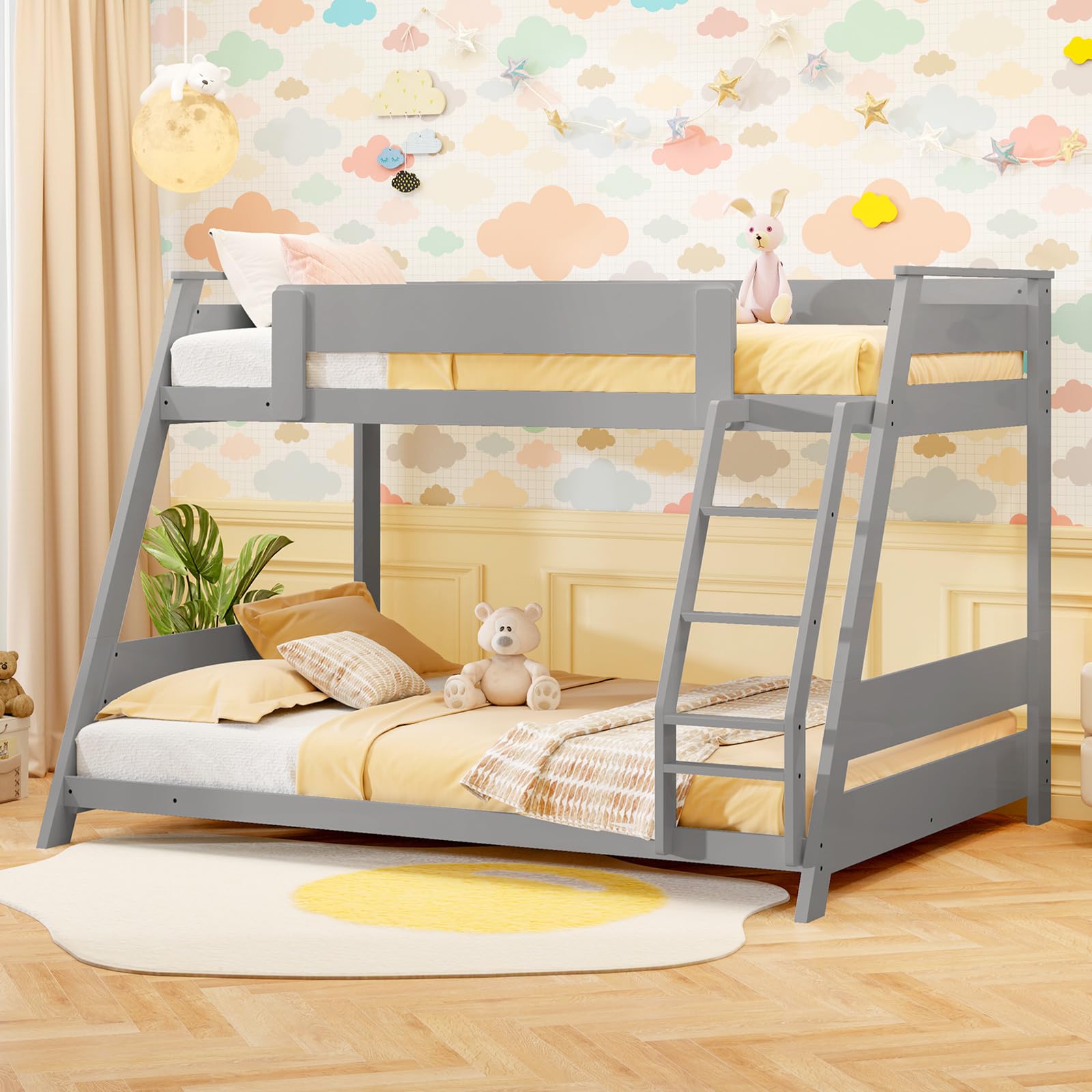 Giantex Wood Bunk Beds Twin Over Full Size, Solid Wood Floor Low Bunk Bed w/Removable Ladder