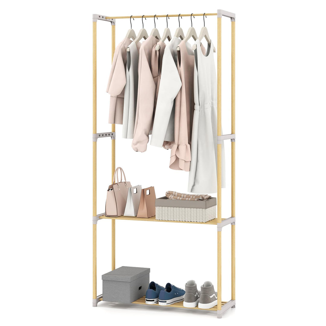 Giantex Pine Wood Clothes Rack with 2-Tier Open Storage Shelf for Hanging Clothes