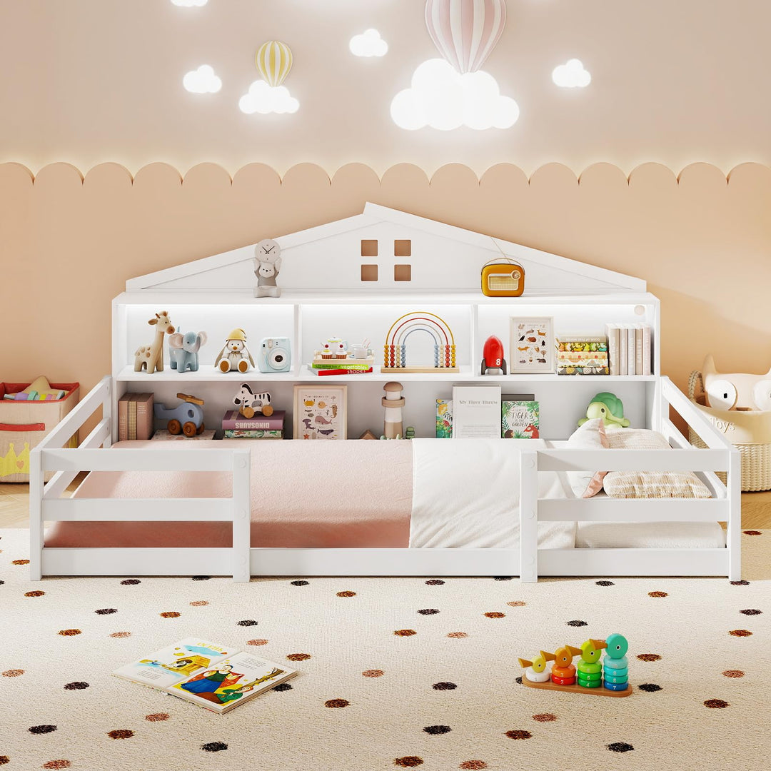 Giantex Montessori Floor Bed with LED Lights 2-in-1 Wooden House Bed Frame with Safety Guardrails