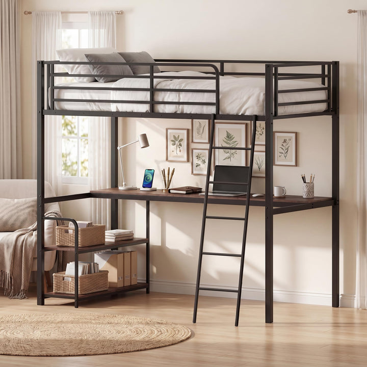 Giantex Twin Loft Bed with Desk &amp; Charging Station