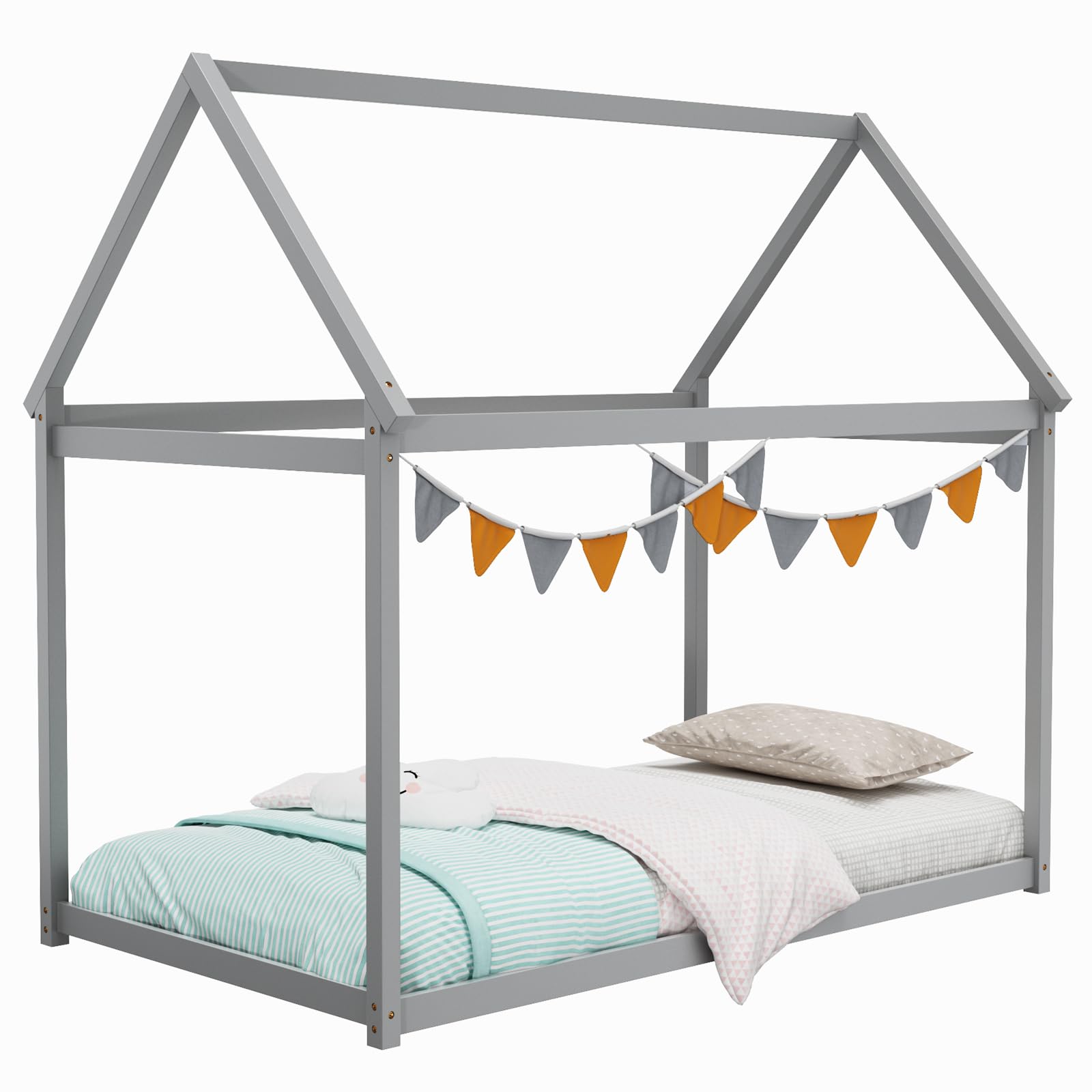 Giantex Twin House Bed, Wood Montessori Bed Frame with House Roof Canopy