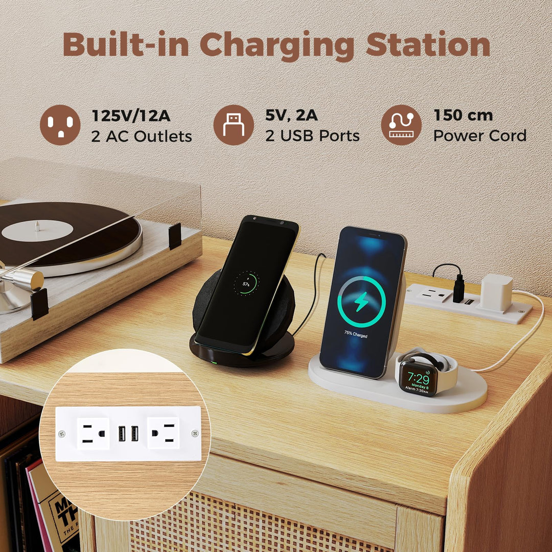 Giantex Record Player Stand w/ Charging Station w/ Rattan Cabinet (Natural)