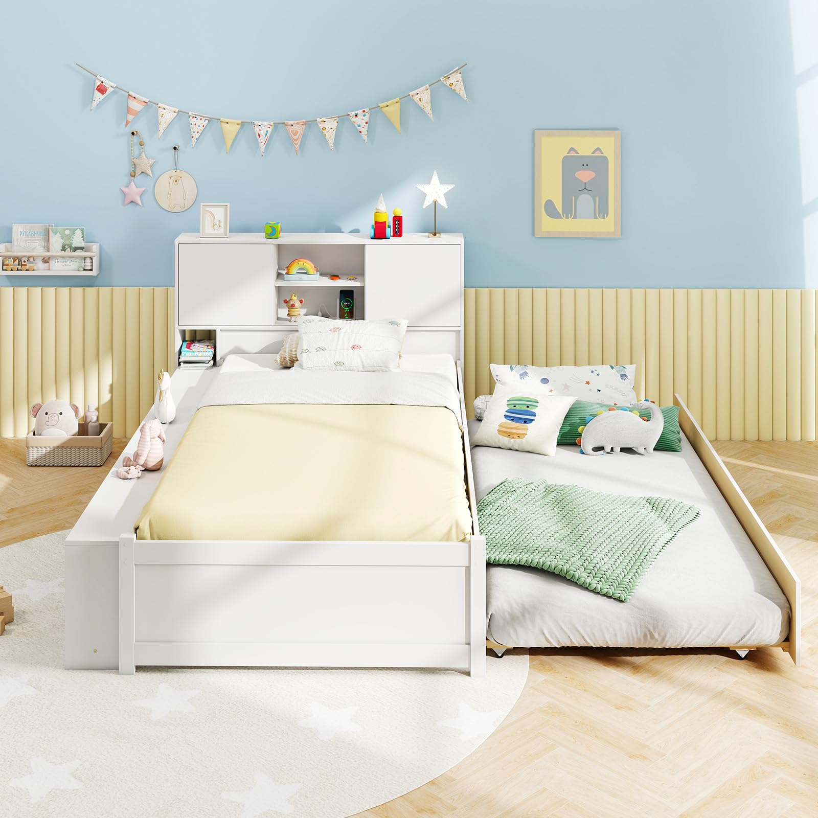Giantex White Twin Size Bed Frame with Trundle and Bookcase Headboard