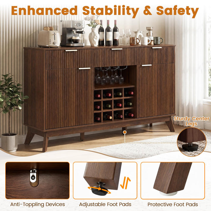 GIANTEX 60" Fluted Wine Bar Cabinet with 3 Stoarge Drawers &amp; Wine Rack Adjustable Shelves