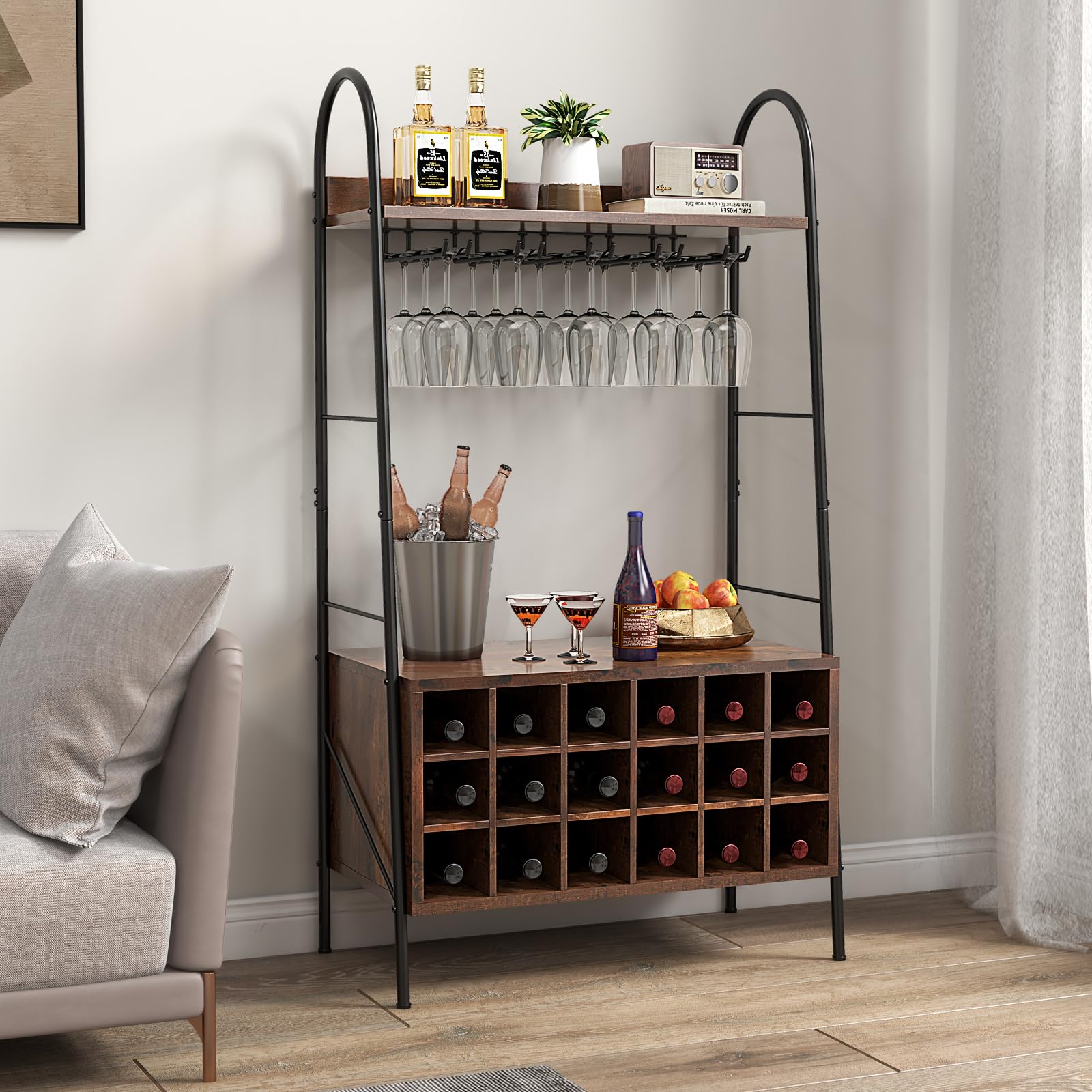Giantex 18-Bottle Wine Rack Freestanding Floor, Kitchen Baker’s Rack w/ 15 Glasses Holder, Rustic Brown