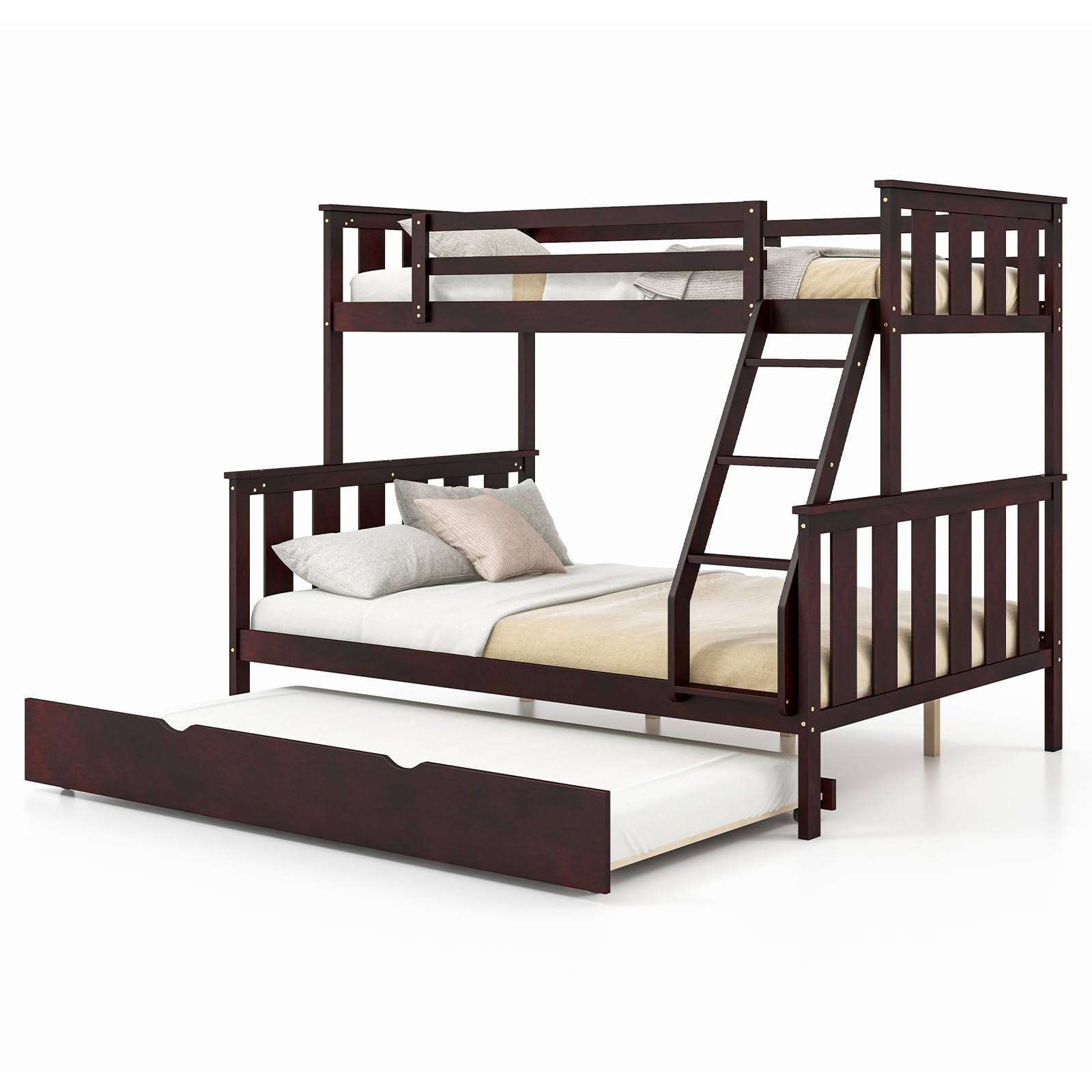 Giantex Twin Over Full Bunk Bed with Trundle, Reversible Ladder & Safety Guardrails