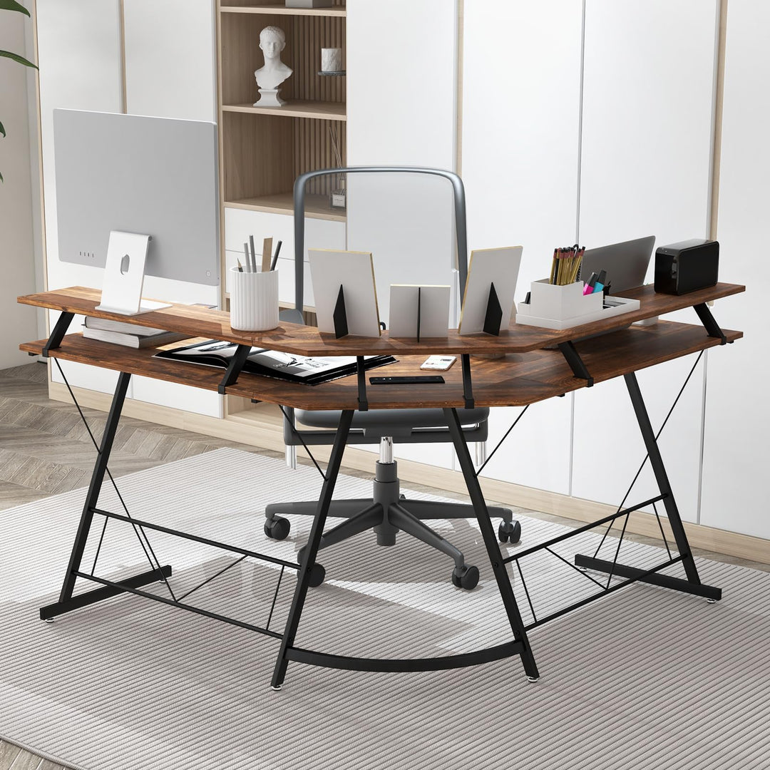 Giantex L Shaped Computer Desk with Power Outlet, 51" Corner Computer Desk with Monitor Stand and Reversible Keyboard Tray
