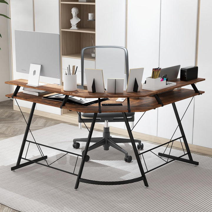 Giantex L Shaped Computer Desk with Power Outlet, 51" Corner Computer Desk with Monitor Stand and Reversible Keyboard Tray