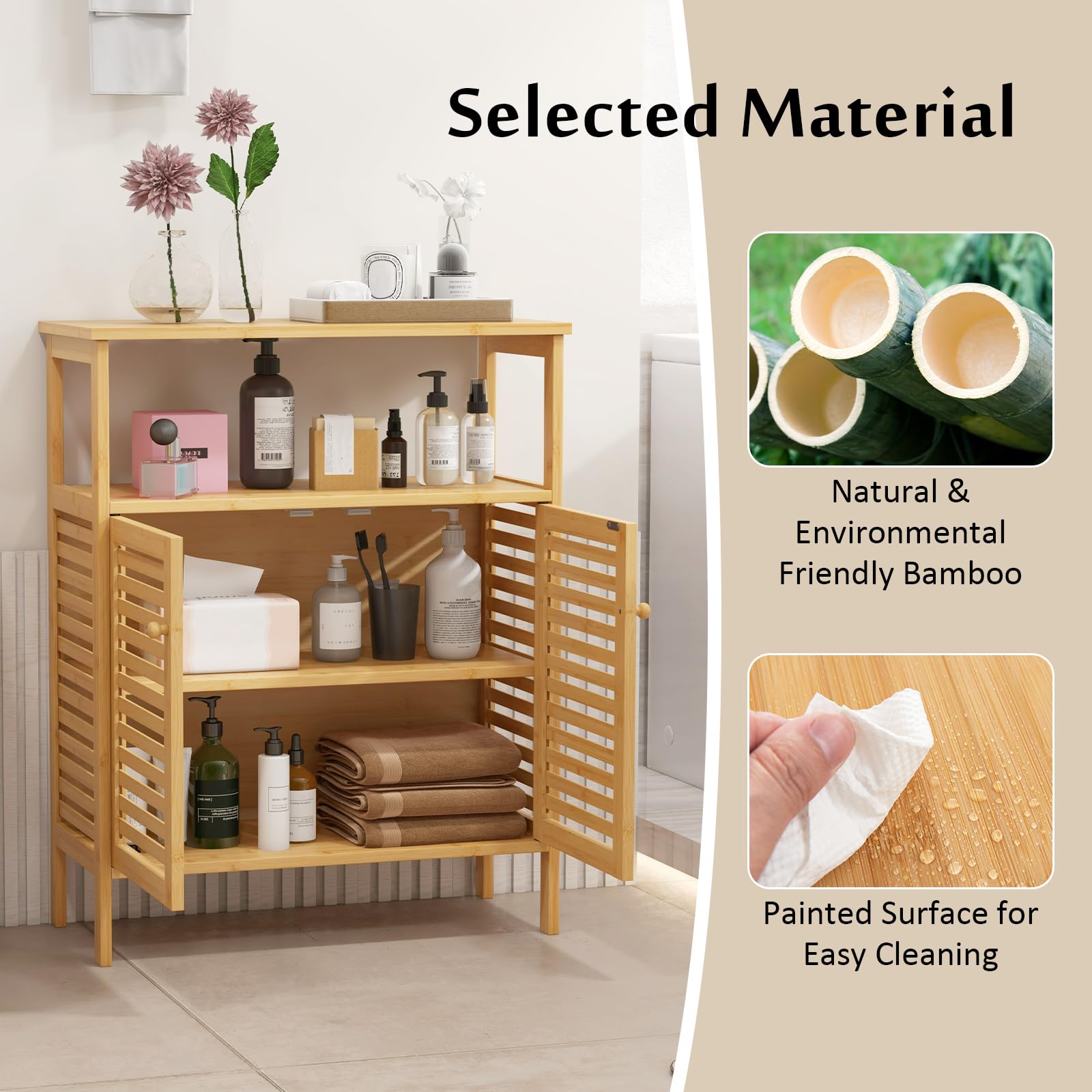 Giantex Storage Cabinet, Bamboo Bathroom Floor Cabinet with Double Louvered Doors