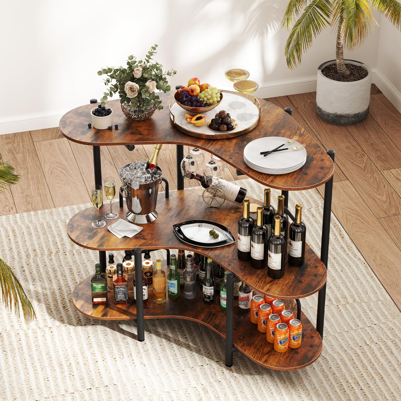 Giantex 3-Tier Bar Table, Corner Bar Cabinet, Liquor Home Bar Unit with Stemware Racks & Storage Shelves