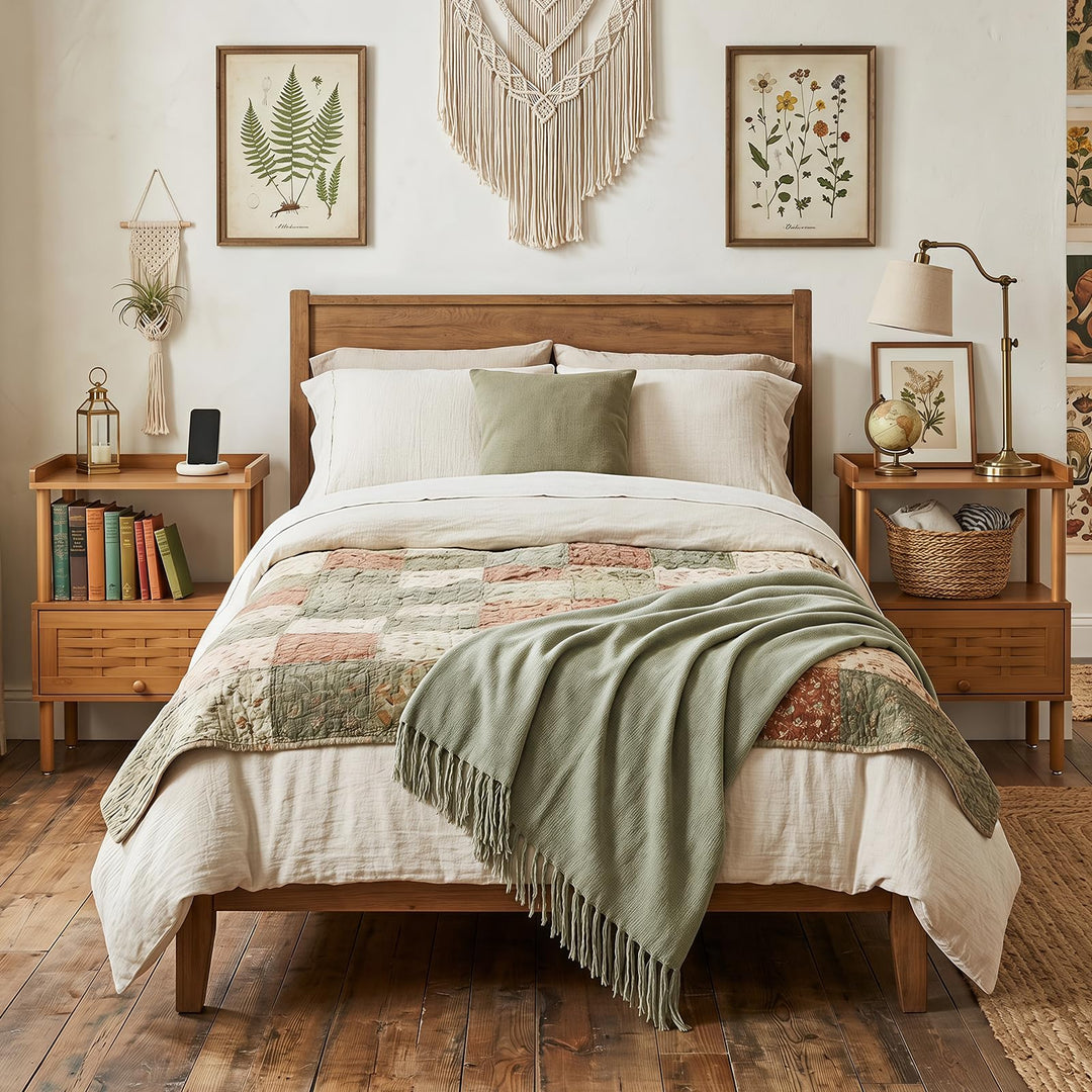 Giantex Boho Bamboo Rattan Nightstand w/Flip-Up Door &amp; Rasied Edge