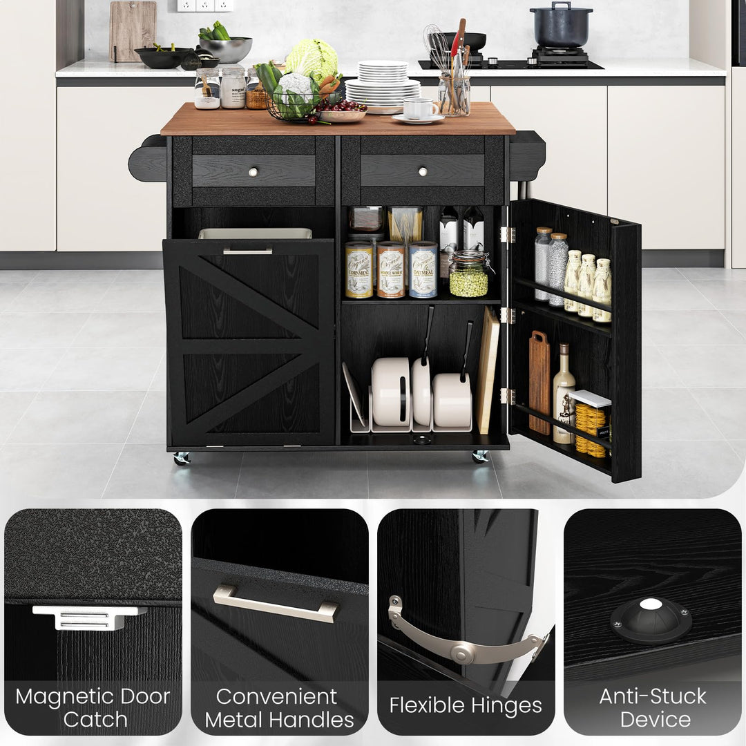 Giantex Kitchen Island Cart with Hidden Tilt Out Trash Can Cabinet, Drop Leaf, 2 Drawers, Towel Rack