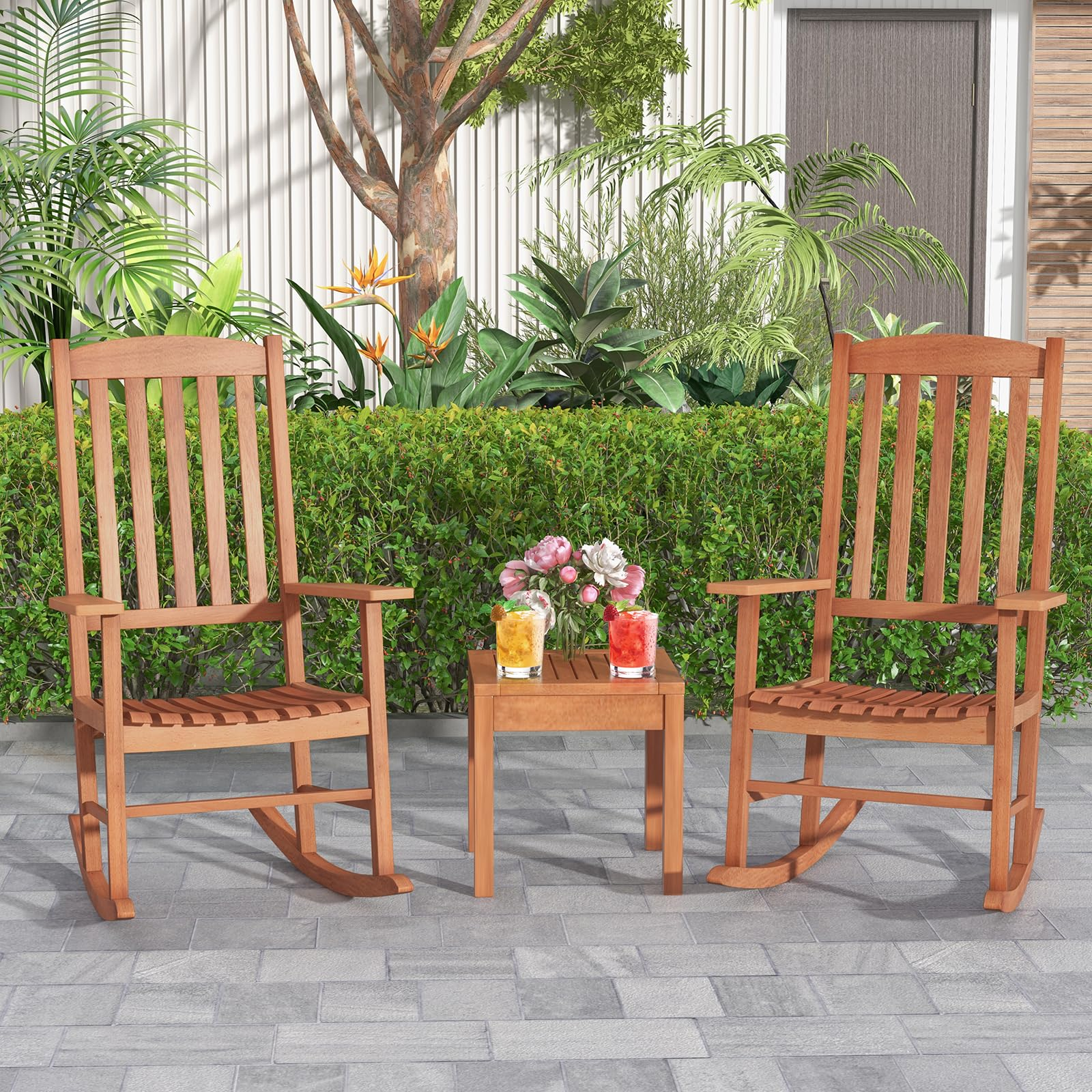 Giantex Wood Outdoor Rocking Chair - Eucalyptus Rocker Chair with Stable & Safe Rocking Base