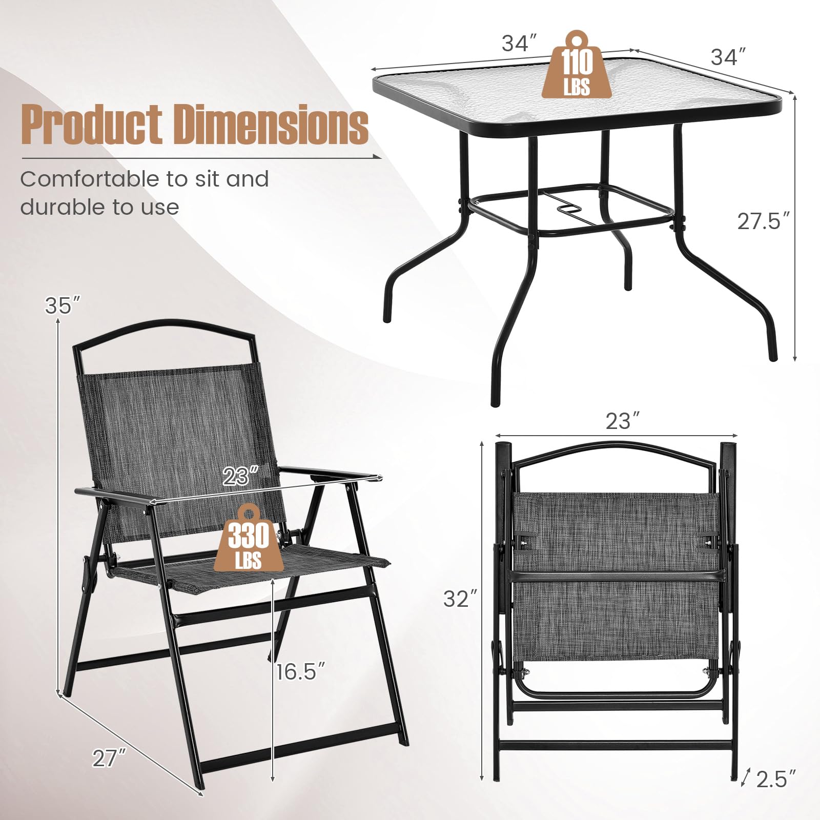 Giantex 4 Pieces Patio Dining Set, Outdoor Dining Table Set with 4 Folding Chairs (Gray)
