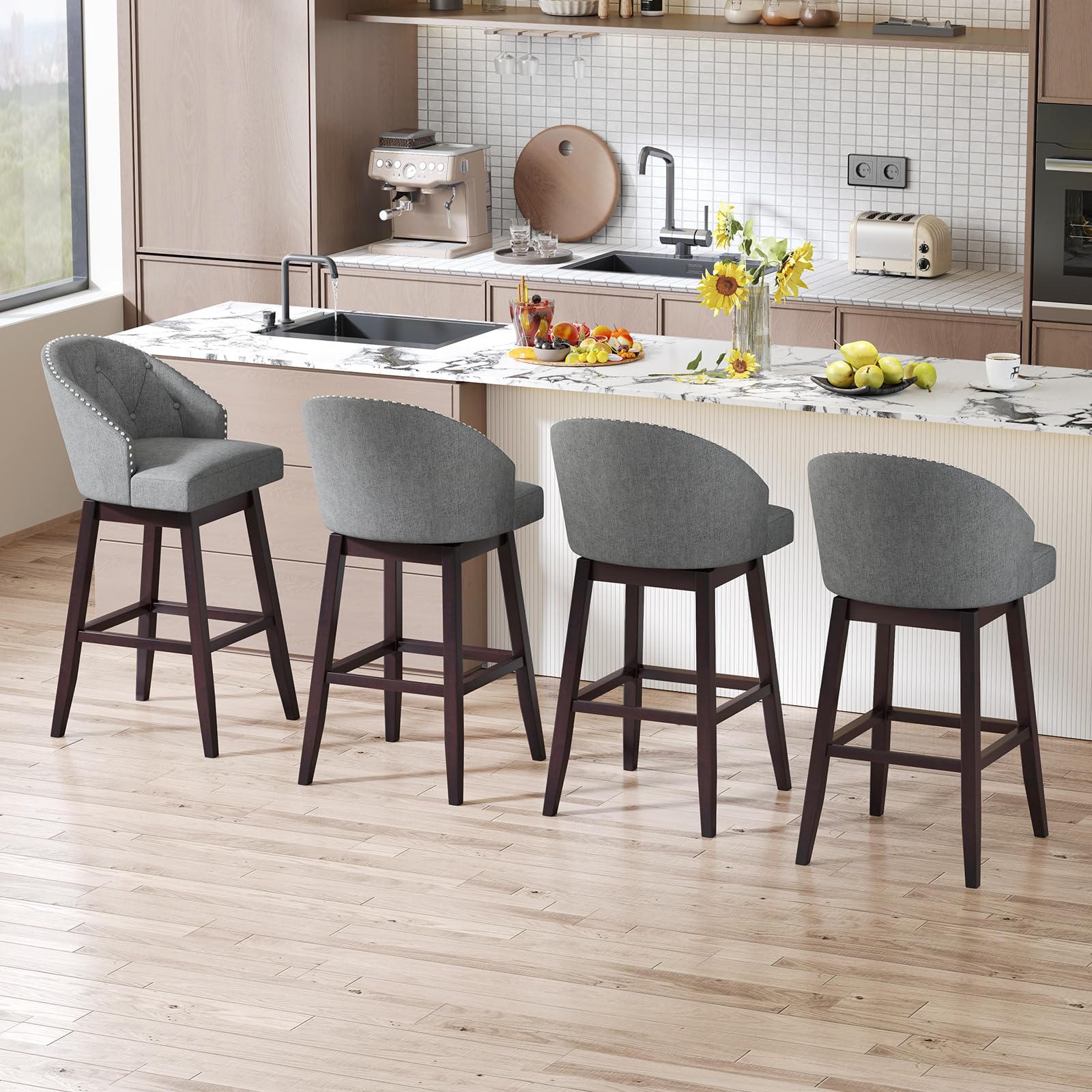 Giantex Modern Upholstered Bar Stools Set of 2/4, 31" Bar Height Swivel Kitchen Stools w/Button-Tufted Back