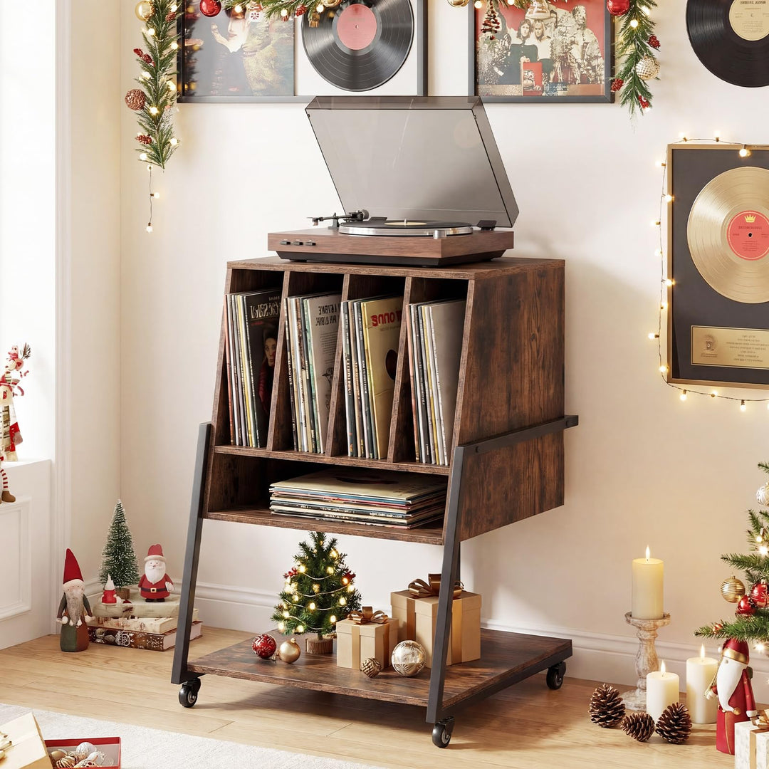Giantex Record Player Stand on Wheels | 3-Tier Turntable Stand with Charging Station