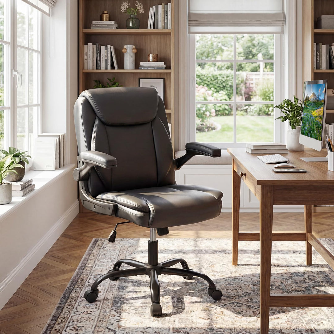 Giantex Leather Office Chair | Ergonomic Computer Desk Chair with Flip-up Arms