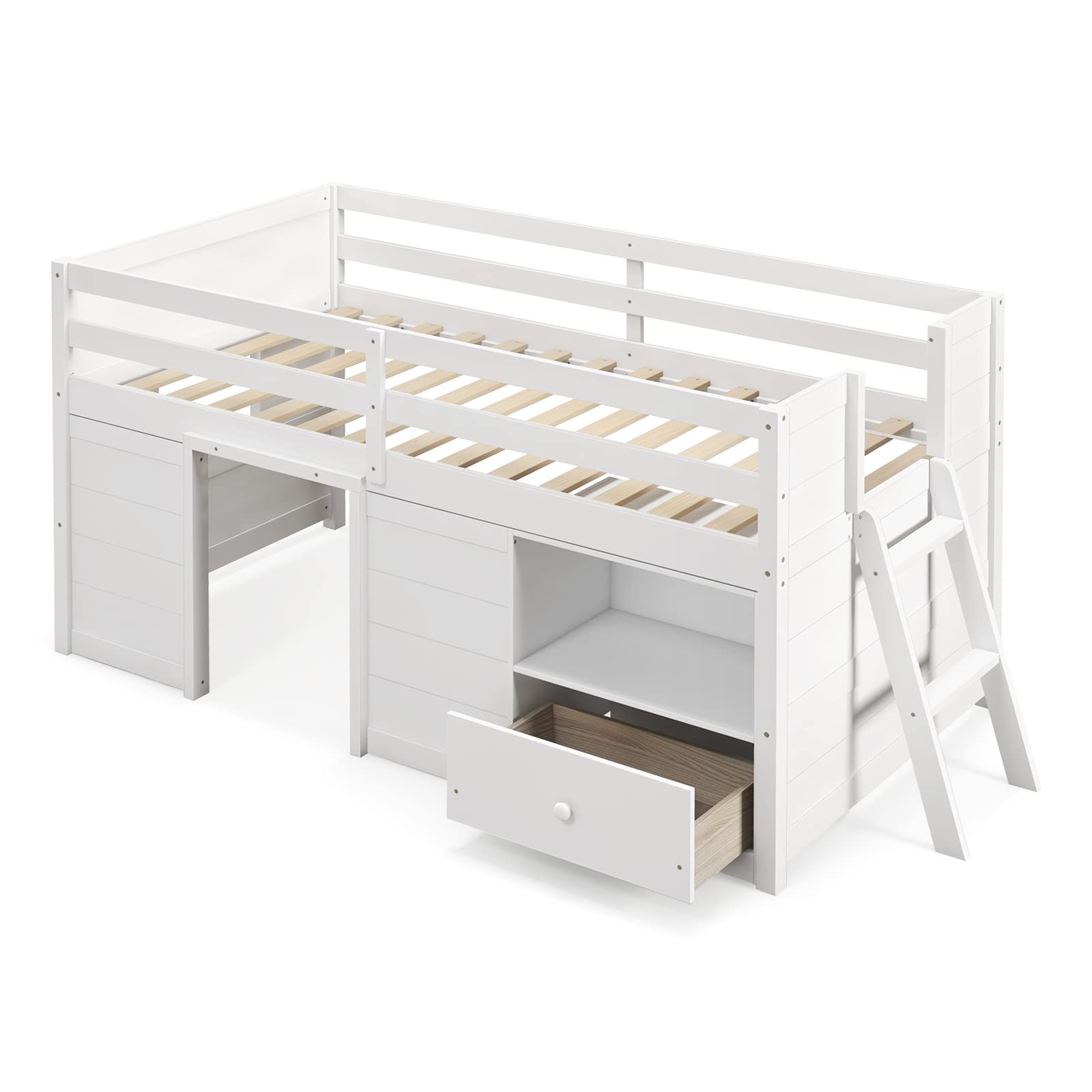 Giantex Twin Low Loft Bed with Storage, Solid Wood House Loft Bed with Drawer & Activity Center, White
