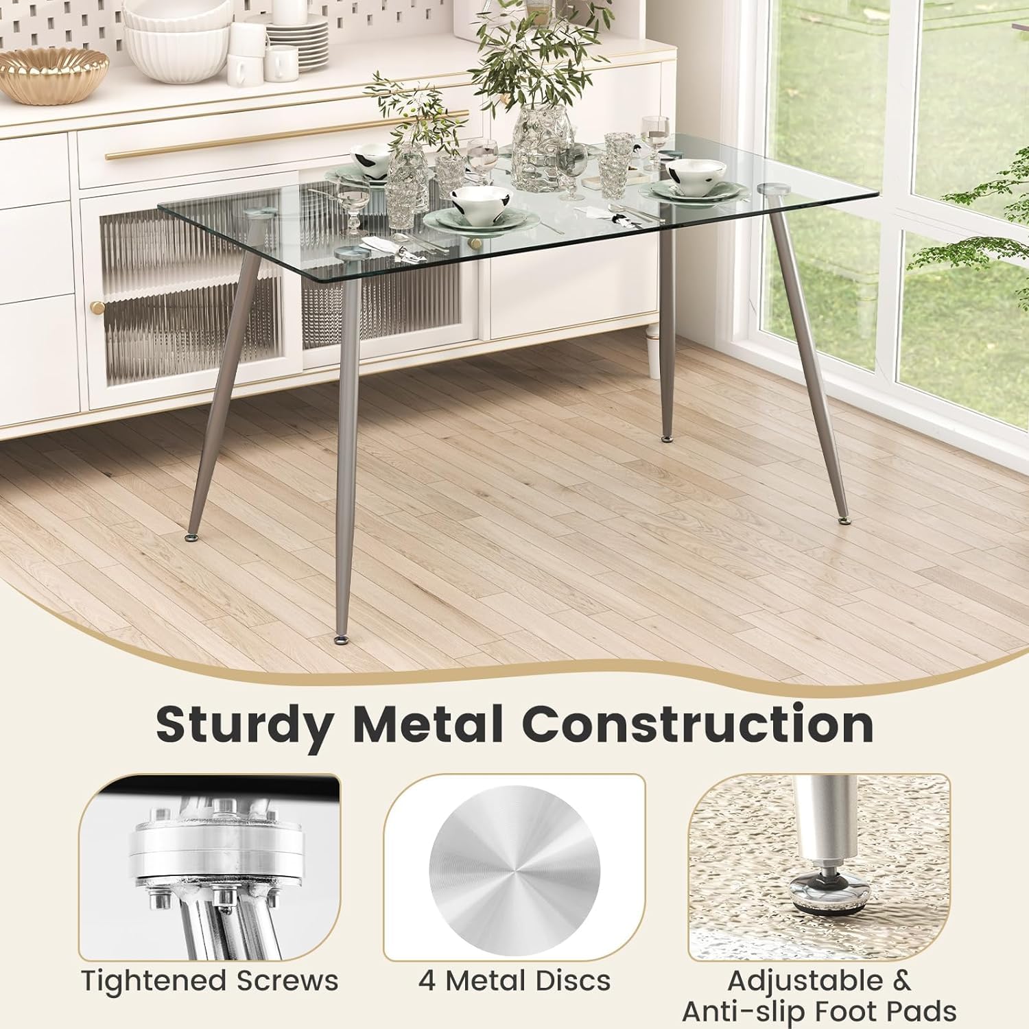 Giantex Dining Table Set for 4, Kitchen Table Chairs Set with 51” Rectangle Glass Dining Table