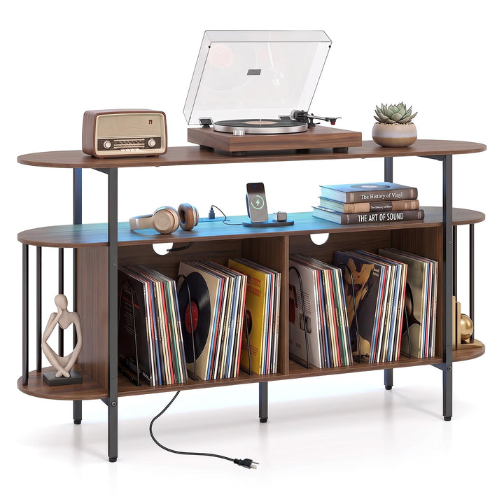 GIANTEX 3-Tier 55" Record Player Stand with LED Lights &amp; Power Outlets