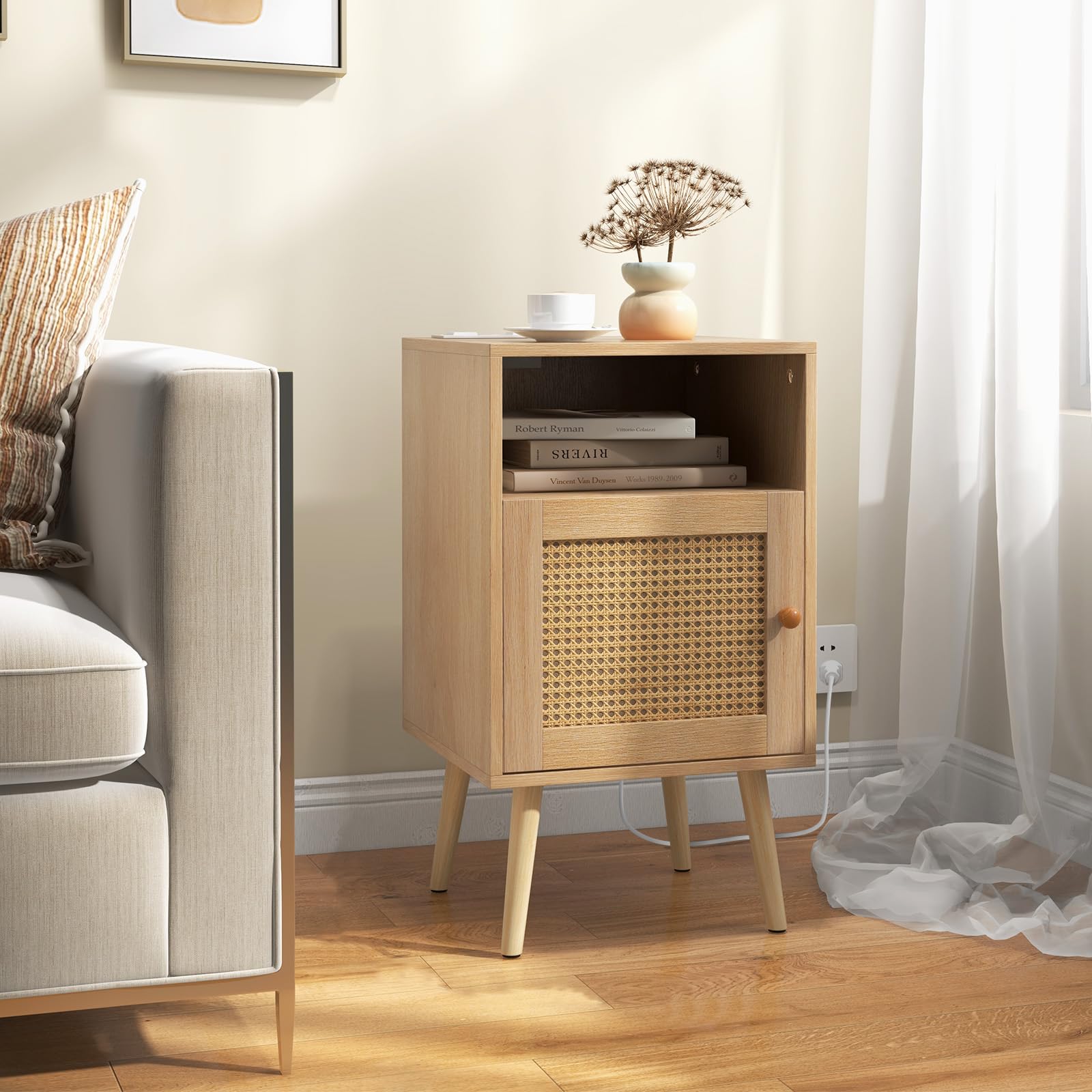 Ginatex Rattan Nightstand with Charging Station