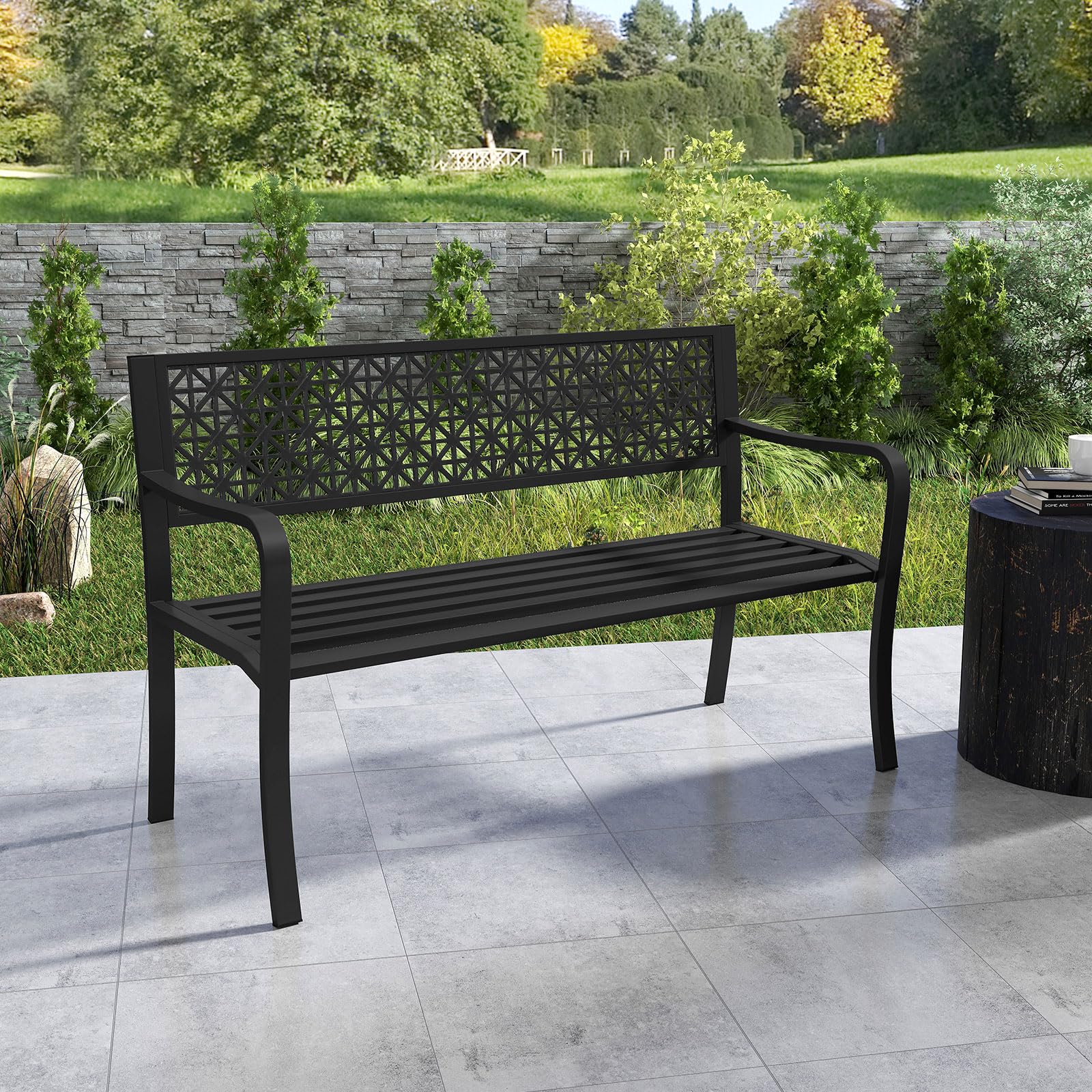 Giantex Patio Bench with Geometric Backrest for Garden