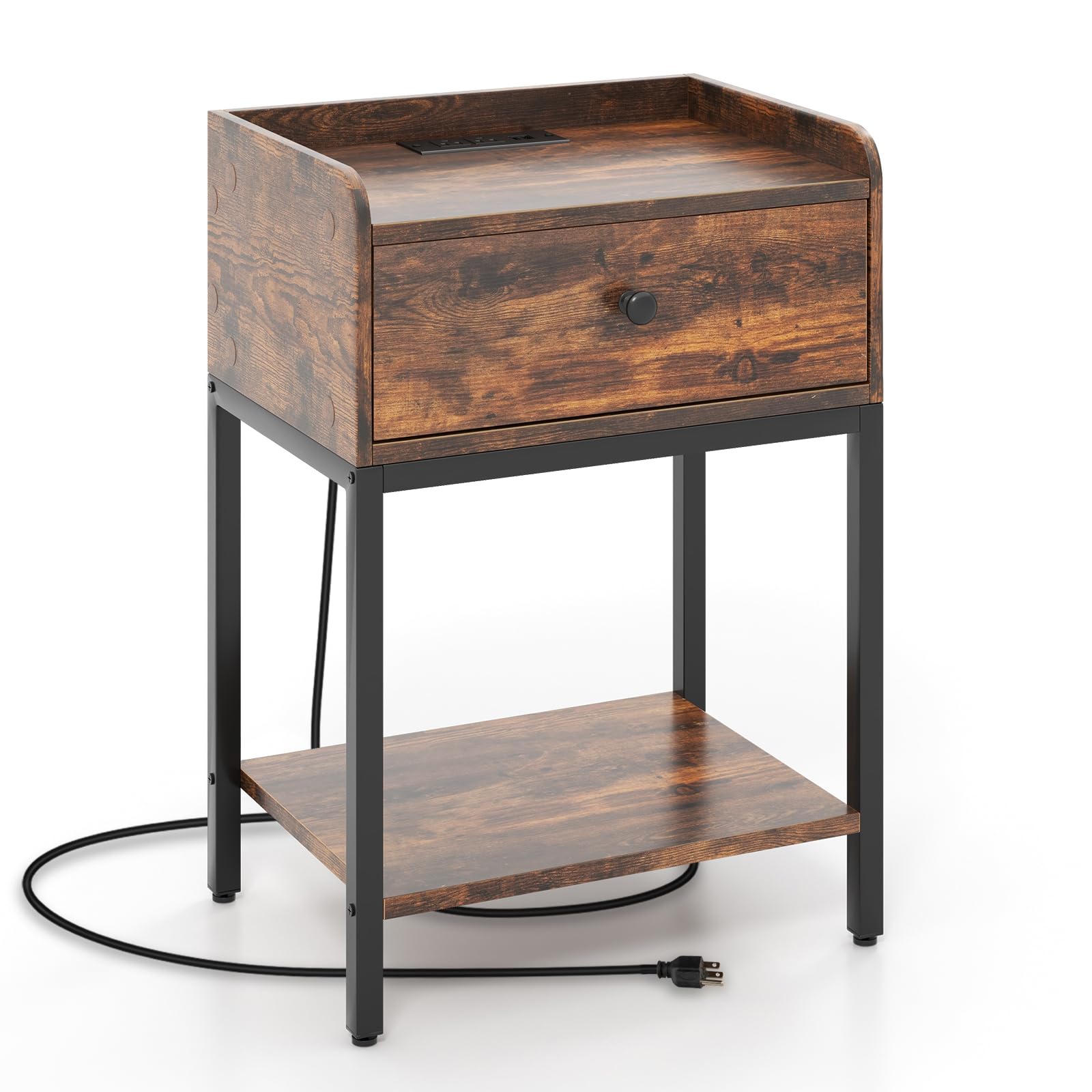 Giantex Nightstand with Charging Station, Industrial Bedside Table with Storage Drawer & Open Shelf