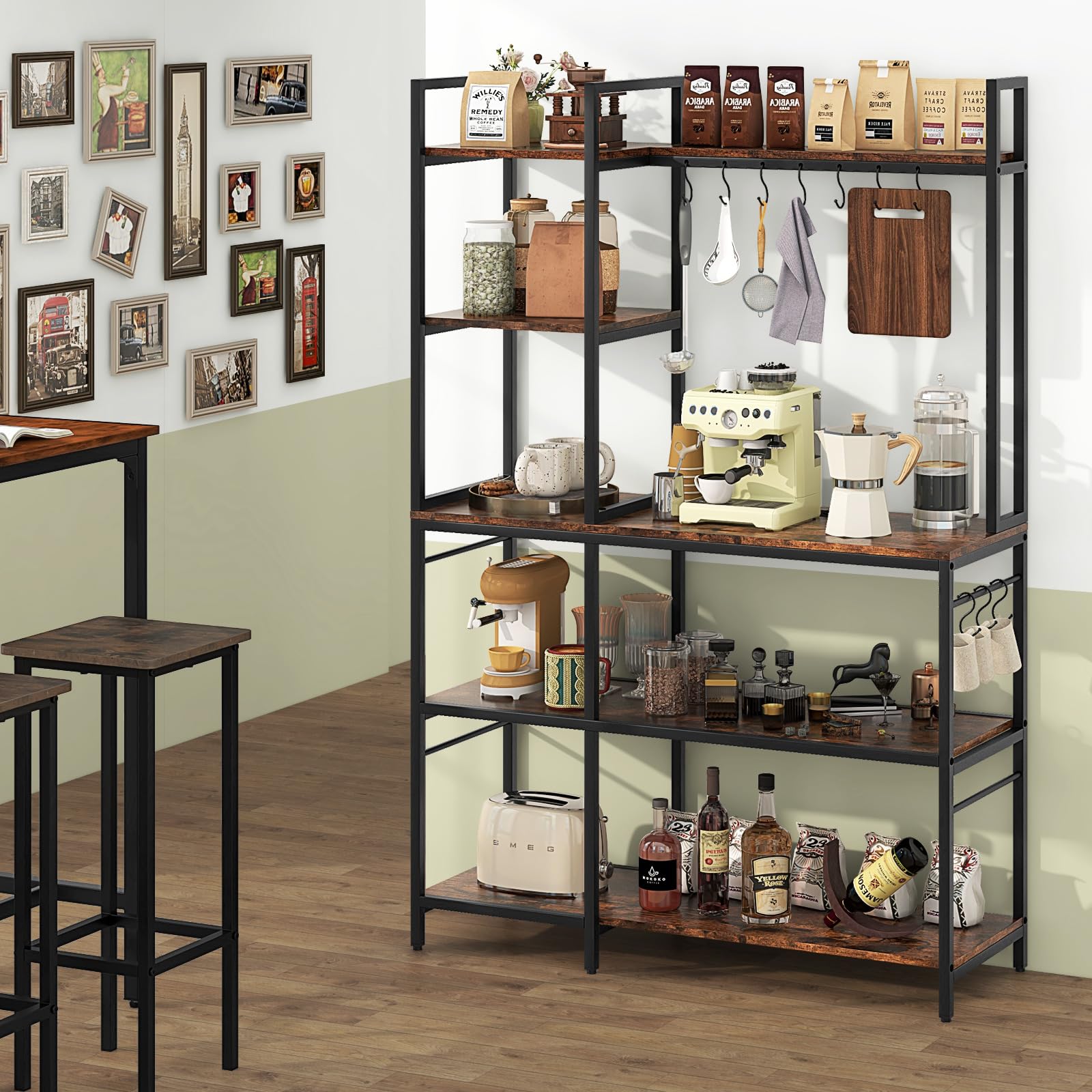 Giantex Bakers Rack with Power Outlets, 5-Tier Coffee Bar Table Organizer w/ 10 S-Shaped Hooks, 63" Large Microwave Stand