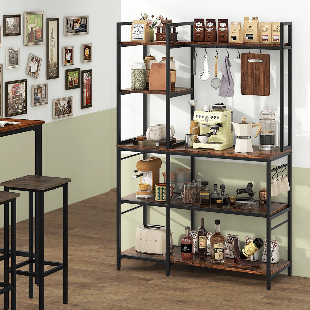 Giantex Bakers Rack with Power Outlets, 5-Tier Coffee Bar Table Organizer w/ 10 S-Shaped Hooks, 63" Large Microwave Stand