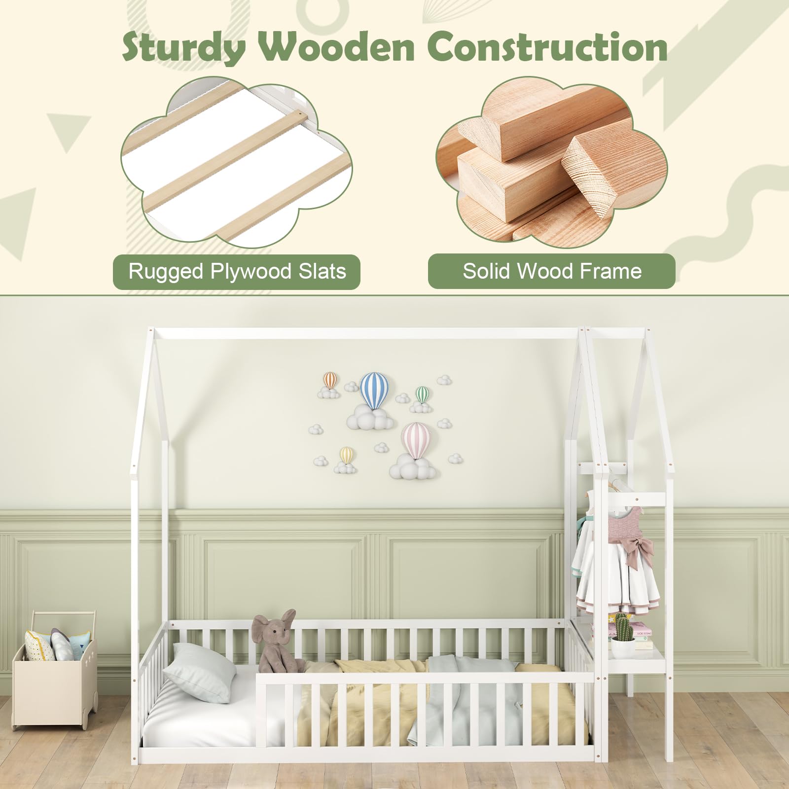 Giantex Twin House Floor Bed, Solid Wood Montessori Floor Bed with Detachable Storage Shelf & Clothes Hanger