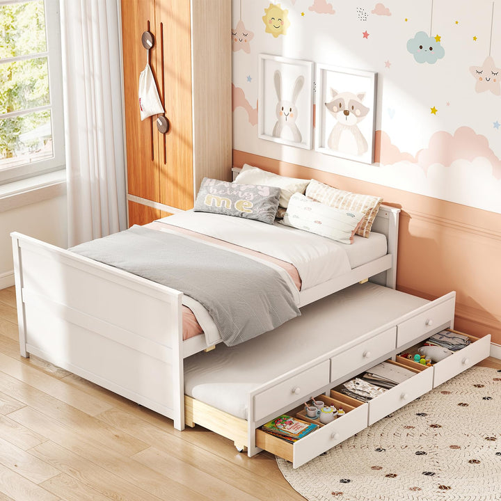 Giantex Full Size Bed Frame with Twin Trundle & 3 Storage Drawers