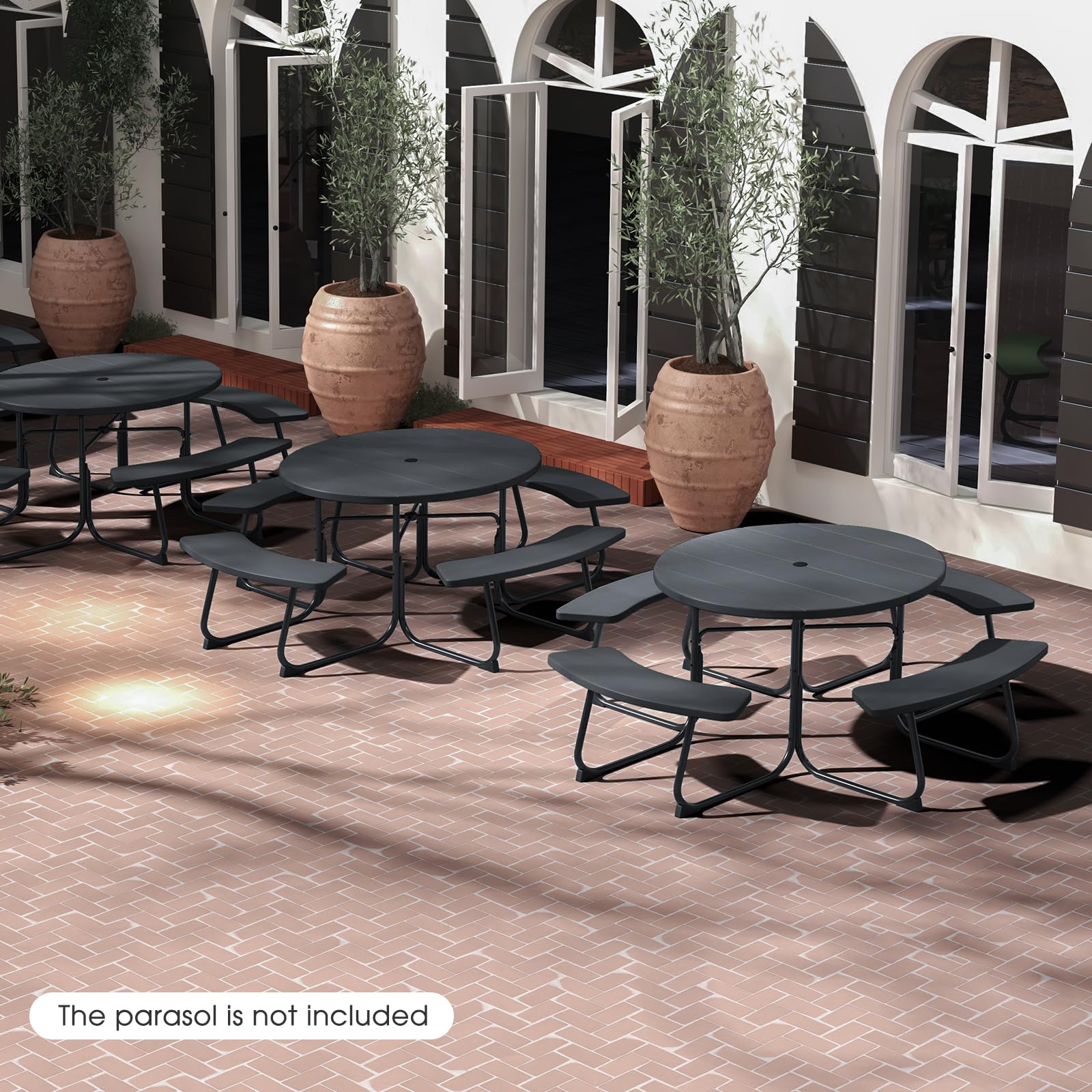 Giantex Picnic Table Set for Up to 8 Persons, Round Outdoor Table and Bench Set with Umbrella Hole