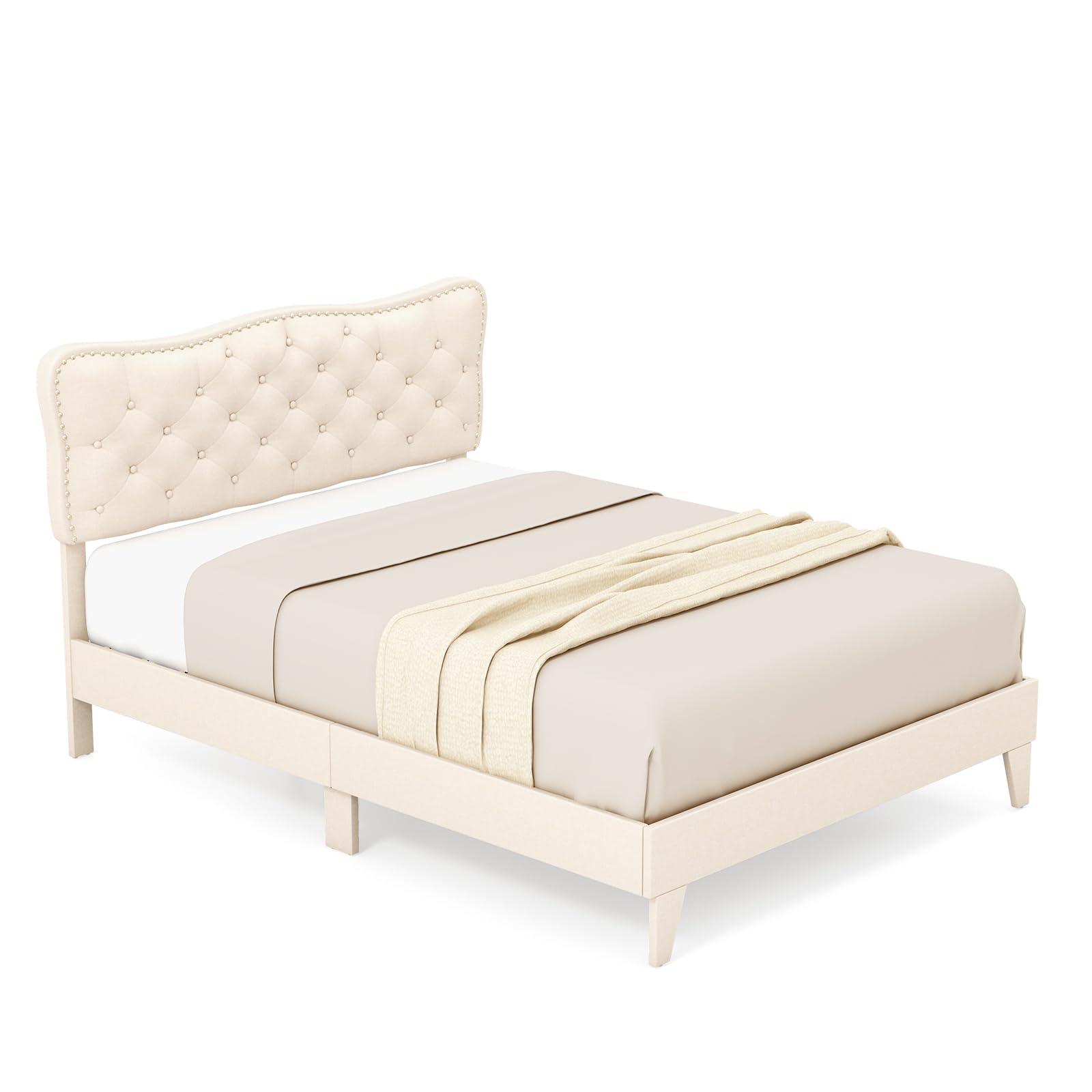 Giantex Full Size Bed Frame Beige, Linen Fabric Upholstered Platform Bed Frame with Nail Headboard
