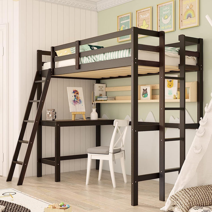 Giantex Twin Size Loft Bed with Desk, Solid Wood Loft Bed with 2 Ladders & Full Length Guardrail