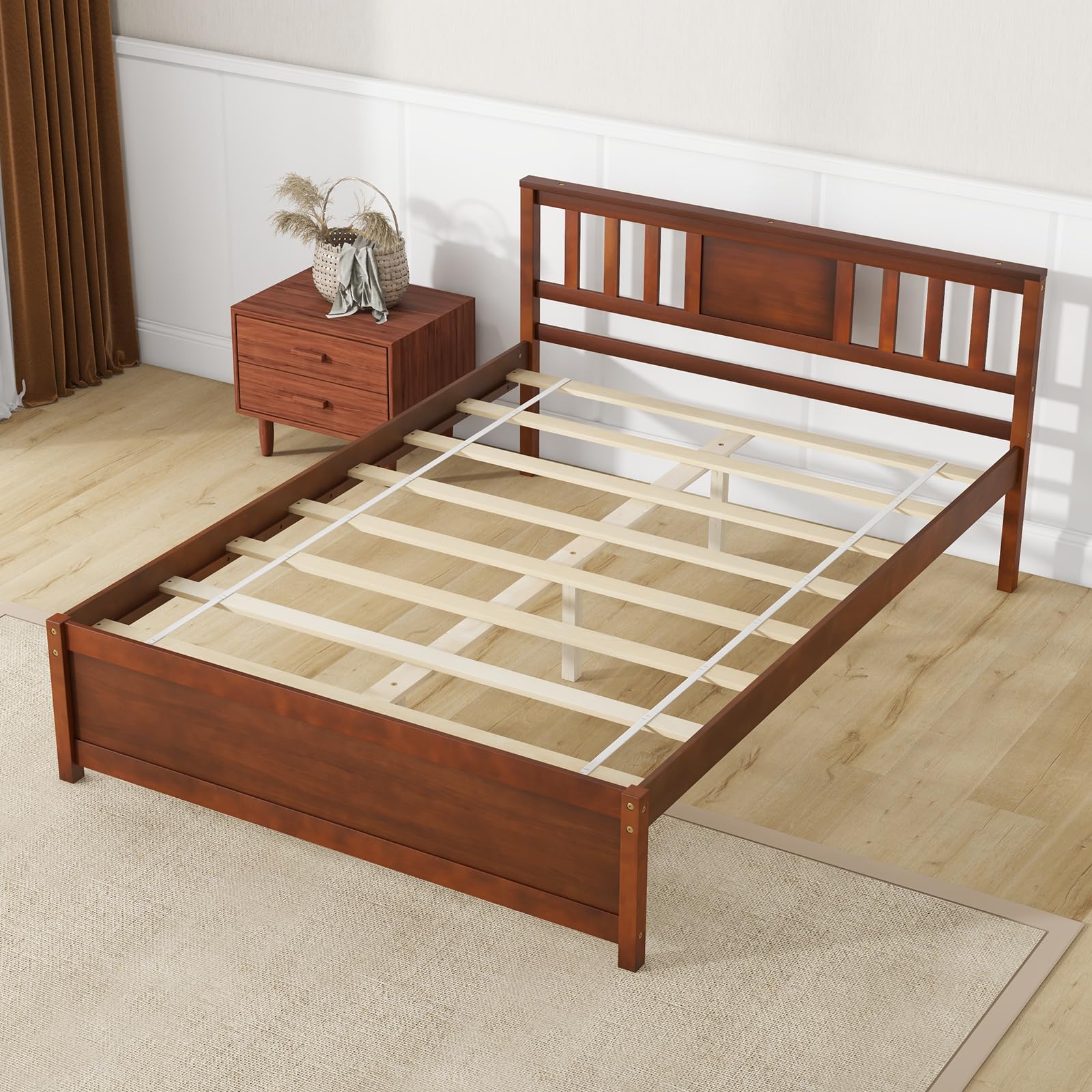 Giantex Solid Wood Platform Bed Frame, Mid Century Full Bed Frame with Headboard