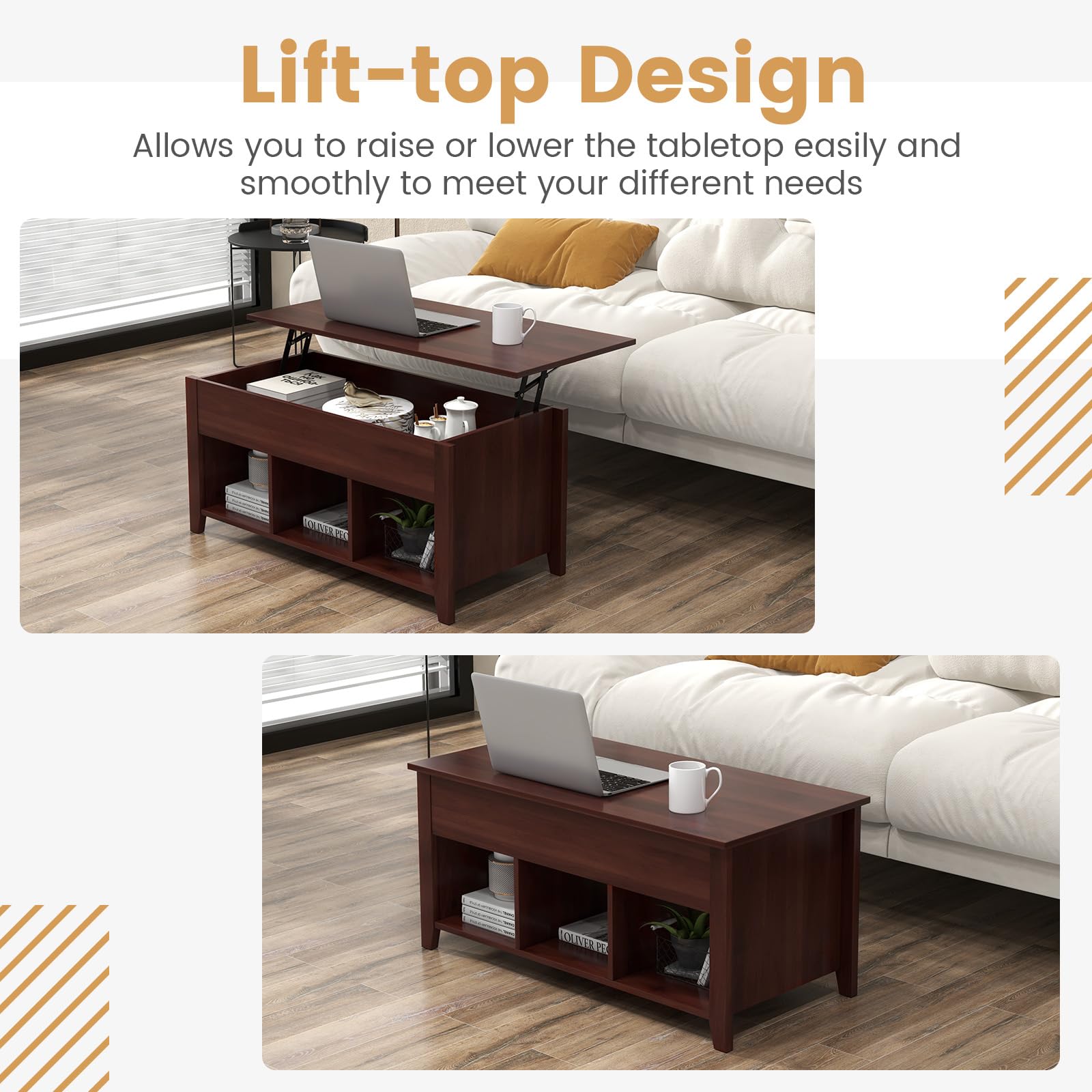 Giantex Lift Top Coffee Table - Rectangular Wooden Table w/Hidden Compartment & Open Storage Shelves