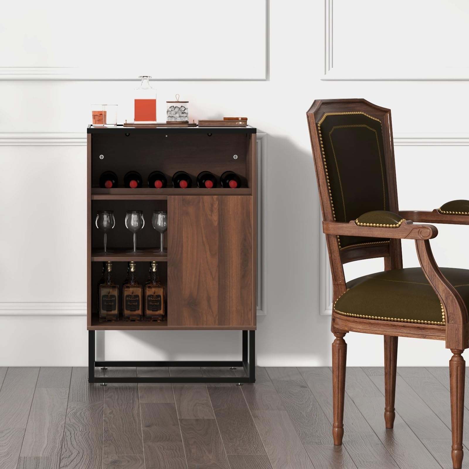 Giantex Wine Bar Cabinet, Small Sideboard Buffet Cabinet with Tempered Glass Top, Adjustable Feet & Shelf, Sliding Door