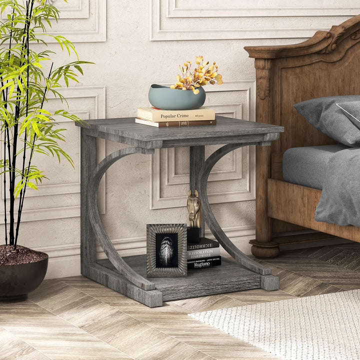 Giantex C-Shaped End Table, 24" Square Couch Table with Bottom Storage Shelf & Solid Rubber Wood Frame