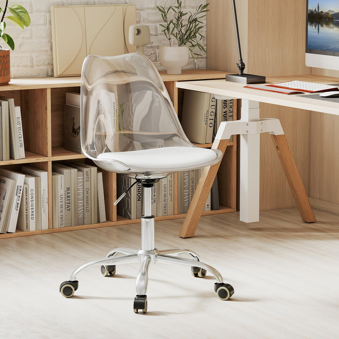 Giantex Acrylic Clear Desk Chair with PU Leather Cushion Modern Small Home Office Chair with Wheels