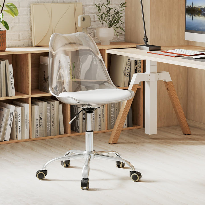 Giantex Acrylic Clear Desk Chair with PU Leather Cushion Modern Small Home Office Chair with Wheels