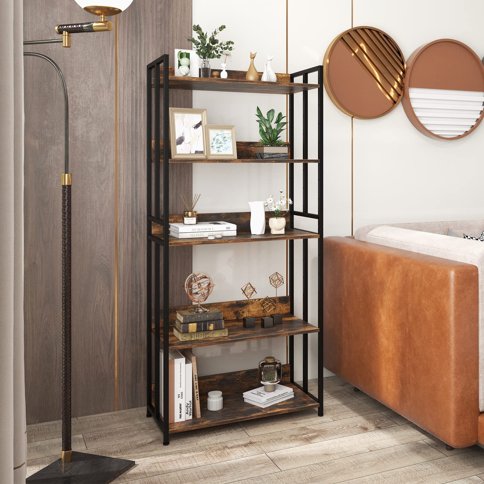 Giantex 5-Tier Industrial Bookshelf Rustic Brown - Metal Frame 61" Tall