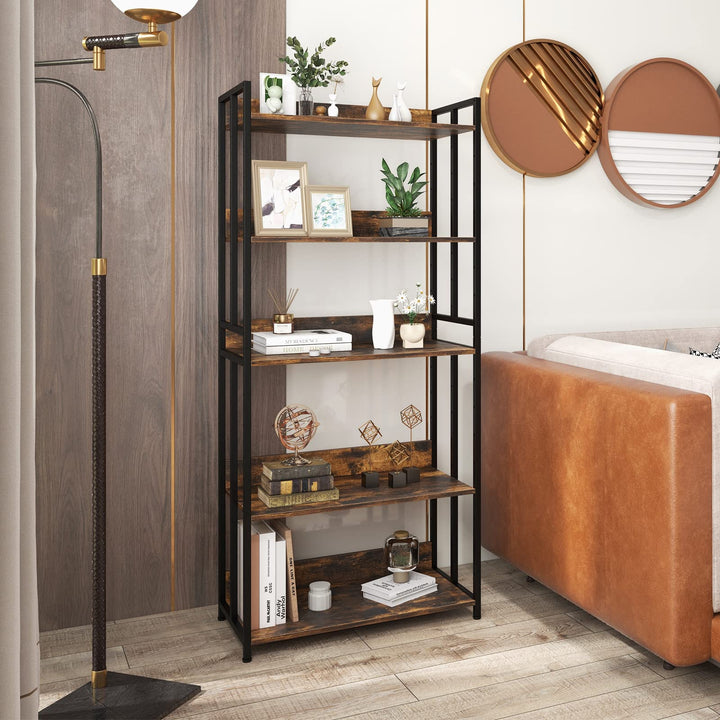Giantex 5-Tier Industrial Bookshelf Rustic Brown - Metal Frame 61" Tall
